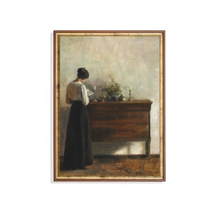 Vintage Woman Reading Print – Elegant Edwardian Interior Wall Art, Moody Oil Painting Reproduction, Feminine Solitude Home Decor