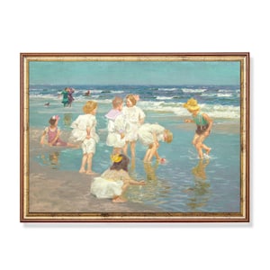 Impresión de escena de playa antigua: niños antiguos jugando en la orilla: arte mural junto al mar: pintura costera de verano: nostalgia del océano