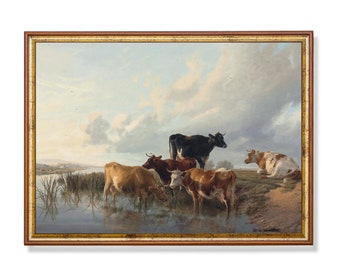 Cattle in Riverscape | Vintage Landscape Painting | Country Landscape Print | Digital Download | Farmhouse Decor | Cows Printable Wall Art