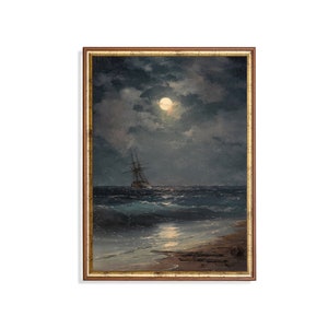 Moonlit Ship Seascape Print: Vintage Nautical Coastal Art