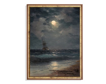 Printed and Shipped | Vintage Painting | Ship by Moonlight | Antique Art Print | Nautical Decor | Seascape Coastal Moody Rustic Prints