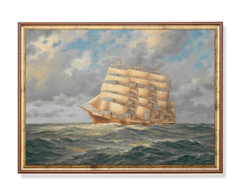 May include: A framed painting of a large sailing ship with white sails on a blue ocean under a cloudy sky.
