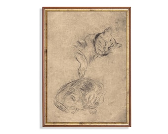 Antique Cat Sketch Print: Vintage Farm Animal Art
