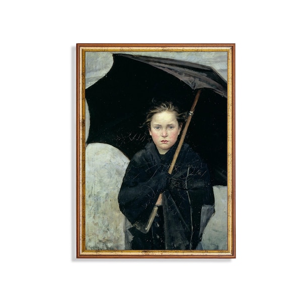 Printed and Shipped | Vintage Portrait Painting | Young Girl with Umbrella | Rustic Fine Art Print | Moody Female Portrait | Physical Prints