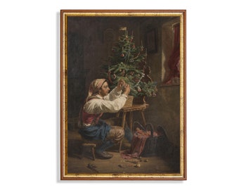 Vintage Christmas Tree Painting Print: Antique Holiday Decor
