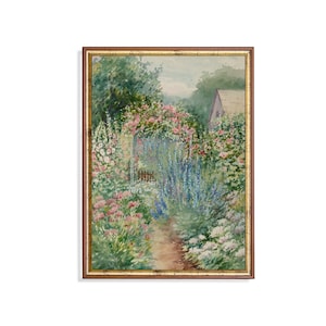 Vintage Flower Garden Painting | Summer Landscape, Rustic Farmhouse (Digital Download)