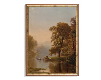 19th Century Autumn River Landscape Print: Rustic Fall Wall Art