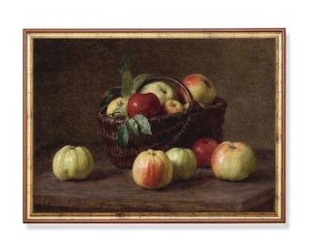 Pintura de manzana antigua: Impresión artística de bodegón de cocina rústica de granja