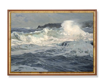 Könnte beinhalten: Ein Gemälde, das eine stürmische See mit großen Wellen zeigt, die an einer felsigen Küste brechen. Der Himmel ist grau und bewölkt, und das Wasser ist tiefblau.