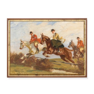 Paardensport schilderij: vintage jachtscène kunstafdruk (digitale download)