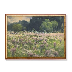 Vintage Meadow Landscape Painting: Farmhouse Wall Art (Digital Download)