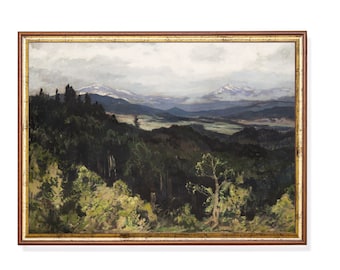 Vintage berglandschapskunstdruk: rustiek hutdecor