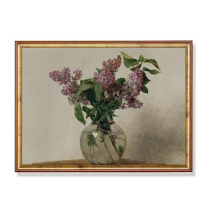Naturaleza muerta vintage con flores / Pintura rústica floral antigua / Lila en jarrón / Arte mural imprimible / Descarga digital / Decoración de granja