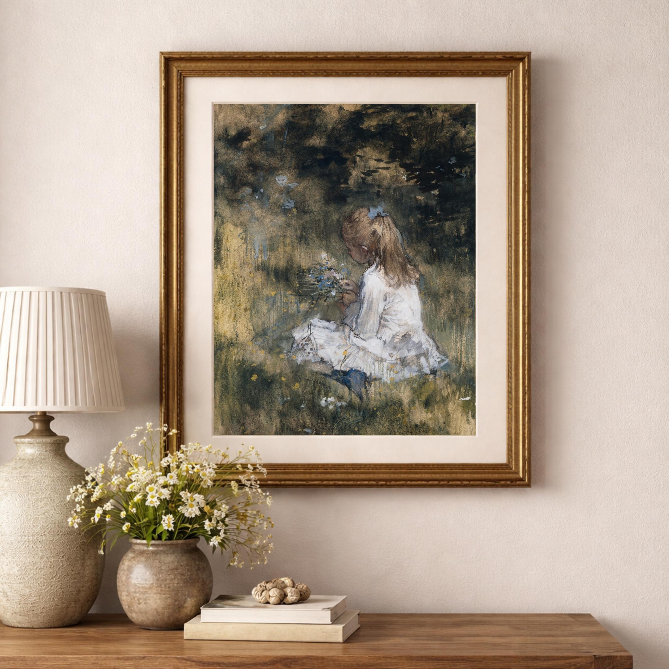 ヴィンテージガールの水彩画：ロマン派印象派アート（デジタル