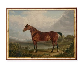 May include: A framed painting of a brown horse standing near a body of water. The horse has a dark mane and tail, with white markings on its legs. The background features a cloudy sky, trees, and a distant landscape.
