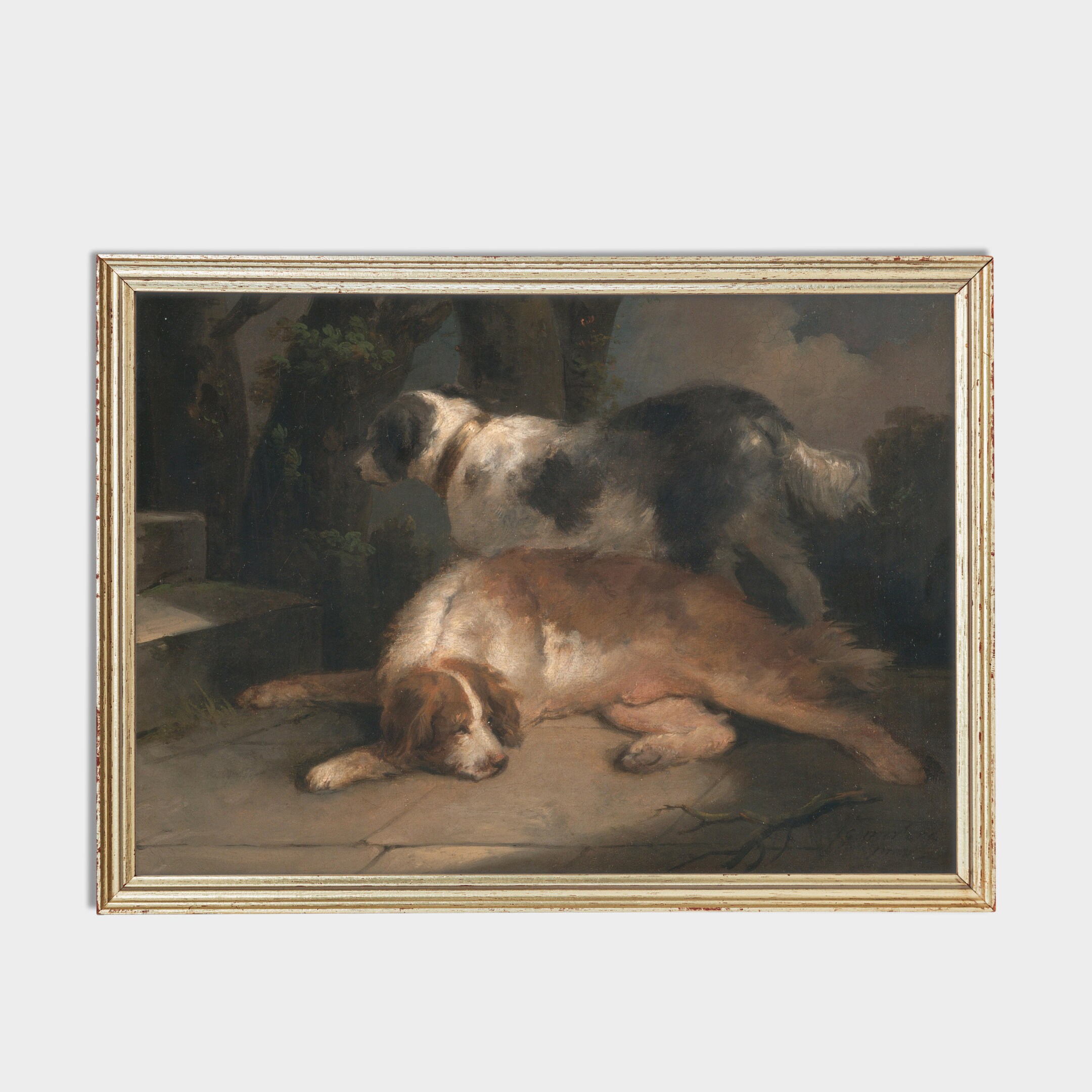 ヴィンテージの犬の絵画 | アンティークな動物の素朴なプリント 