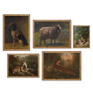 Vintage Gallery Wall Art Set | Antique Animal Paintings | Set of 5 Prints | Digital Download | Printable Wall Art | Moody Rustic Fine Art