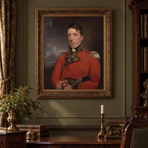 May include: An oil painting in a decorative gold frame depicting a person in a red military uniform with gold buttons and epaulets. The subject has dark hair and is wearing a dark green high-collared jacket with a white cravat and a sword.
