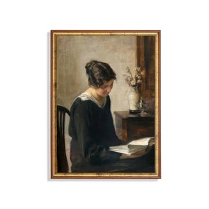 Vintage Woman Reading Portrait Painting: Antique Rustic Art (Digital Download)