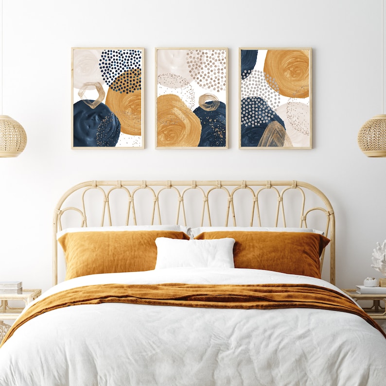 3 Piece Wall Art Navy Blue Mustard Ivory Gold Art Trendy Etsy