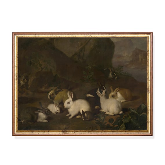 Vintage Rabbit Painting: Rustic Farmhouse Animal Art Print