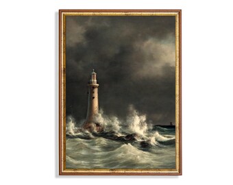 Vintage Leuchtturm Gemälde Druck - Dramatische Ozean Sturm Meerlandschaft Wand Kunst, Nautische Küsten Dekor