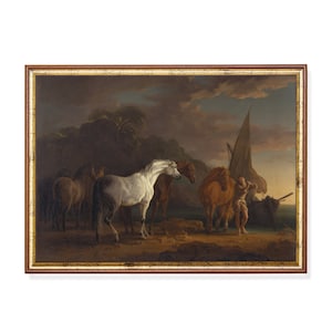 Printed and Shipped | Horses Painting Art | Dark Moody Rustic Oil Painting Print | Vintage Animal Antique Farmhouse Decor | Physical Prints