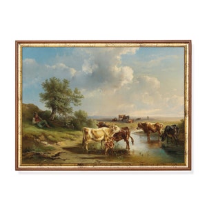 Gedruckt und versandt Landschaft mit Rindern Antikes Kühe Gemälde Landhaus Dekor Physische Drucke Horizontale Fine Art Bild 1