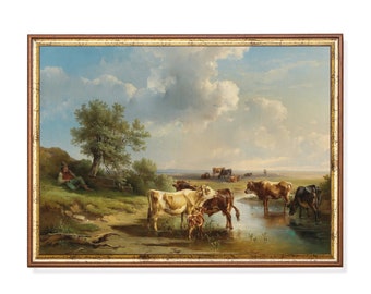 Printed and Shipped | Landscape with Cattle | Antique Cows Painting | Country Farmhouse Decor | Physical Prints | Horizontal Fine Art