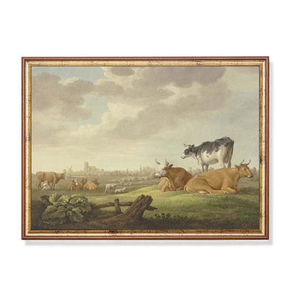 Printed and Shipped | Vintage Painting | Cows and sheep in a meadow | Antique Art Print | Country Landscape | Nature Scenery | Fine Art