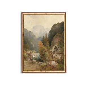Antique Alpine Mountain Painting: Rustic Cabin & River Landscape (Digital Download