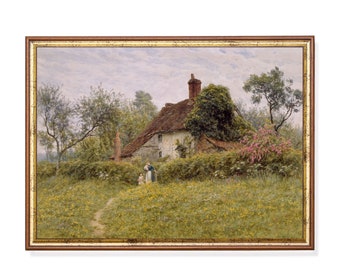 Cuadro de paisaje rural antiguo: lámina artística de cabaña antigua