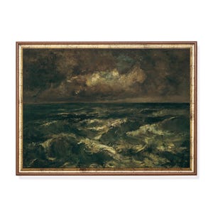 May include: A framed painting of a stormy sea. The artwork shows a turbulent ocean under a dark, cloudy sky. The painting is set within a brown and gold ornate frame, giving it a classic appearance.