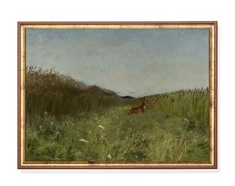 Vintage Hare Landscape Painting: Antique Rabbit Wall Art Print