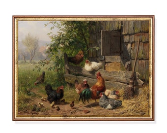 May include: A painting of a barnyard scene with a rooster, hens, and chicks. The chickens are gathered around a wooden trough, and there is a broom leaning against the wall of a barn.