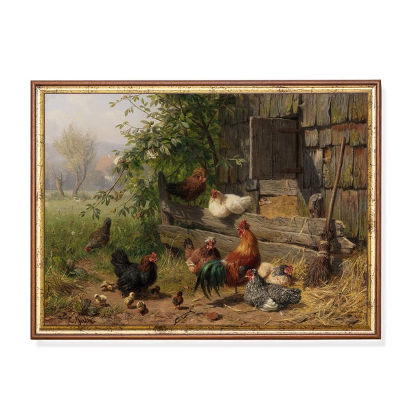 Impression envoyée par la poste | peinture vintage coq et poule | Impression de grange antique | Art rustique déprimé | Imprimer et expédier | Décor de ferme | Peinture Animalière