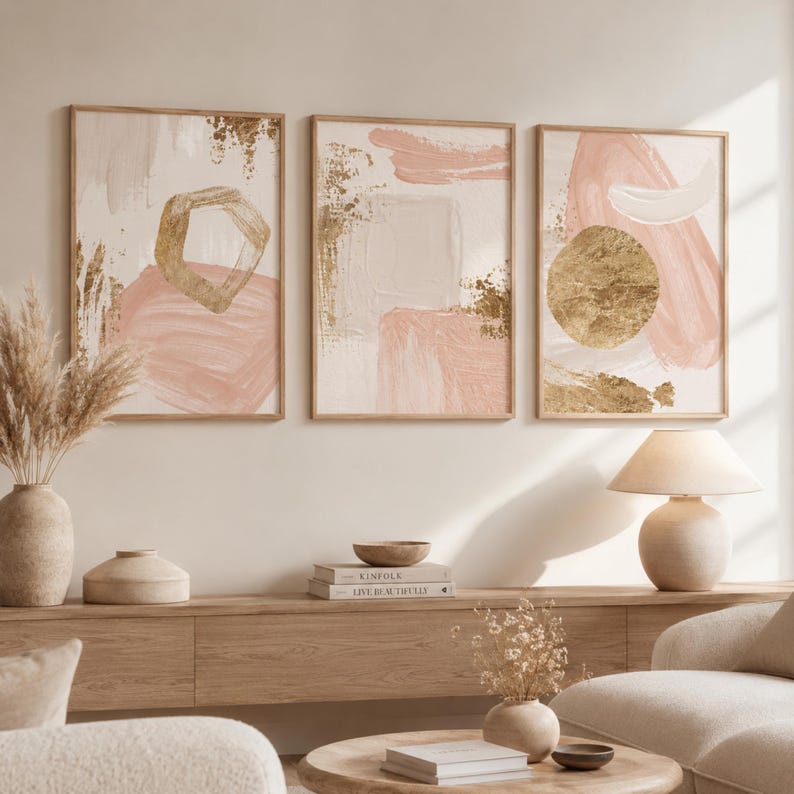 Set of 3 Blush Pink Gold Abstract Prints, Minimalist Gallery Wall Decor ...