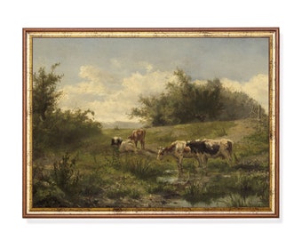 ヴィンテージ牛の牧草地の油絵、素朴な農家の風景画（デジタルプリント