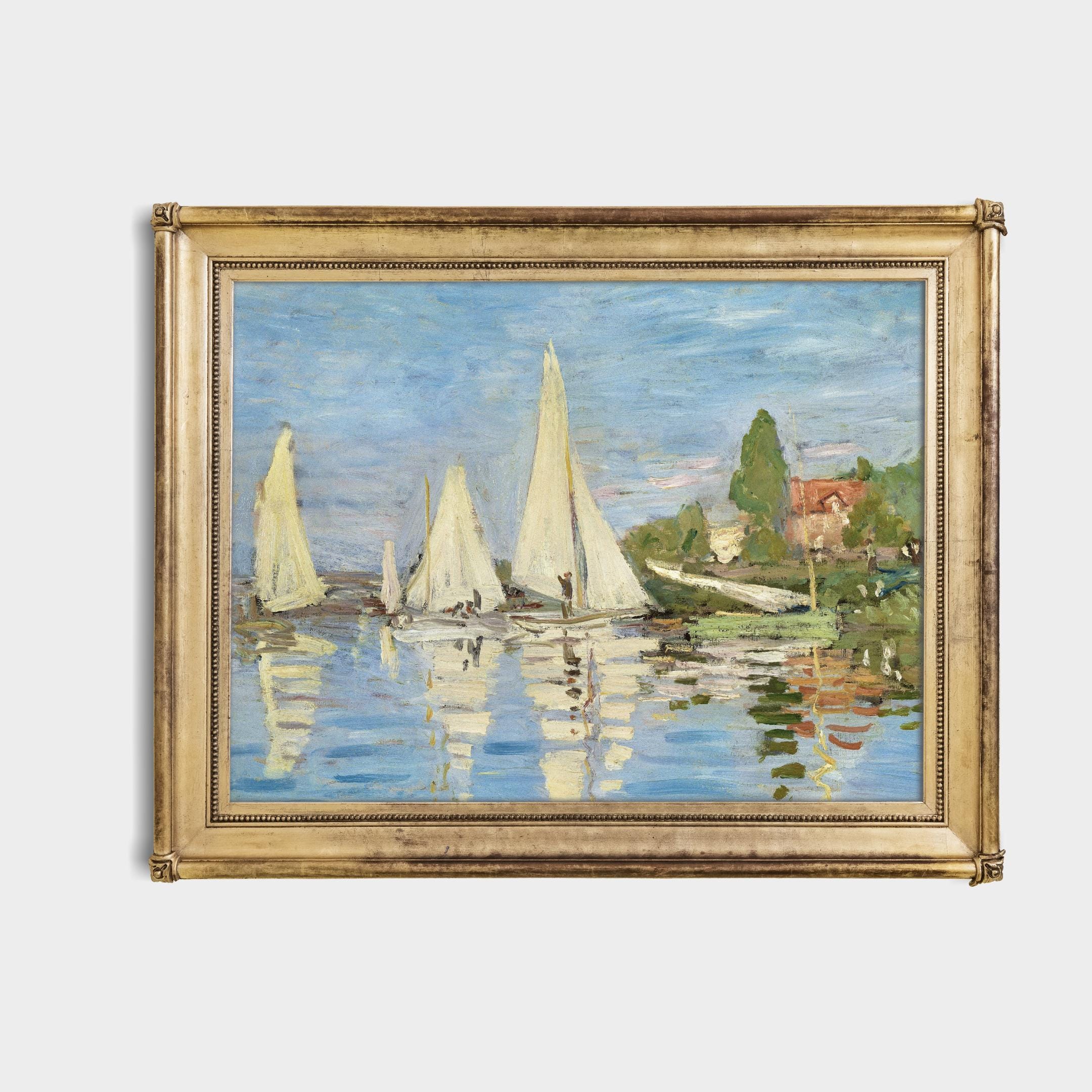 モネの帆船の絵画プリント：印象派の川の風景、海岸の壁掛けアート