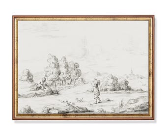 Antique Landscape Sketch: 18th-Century Pastoral Art Print