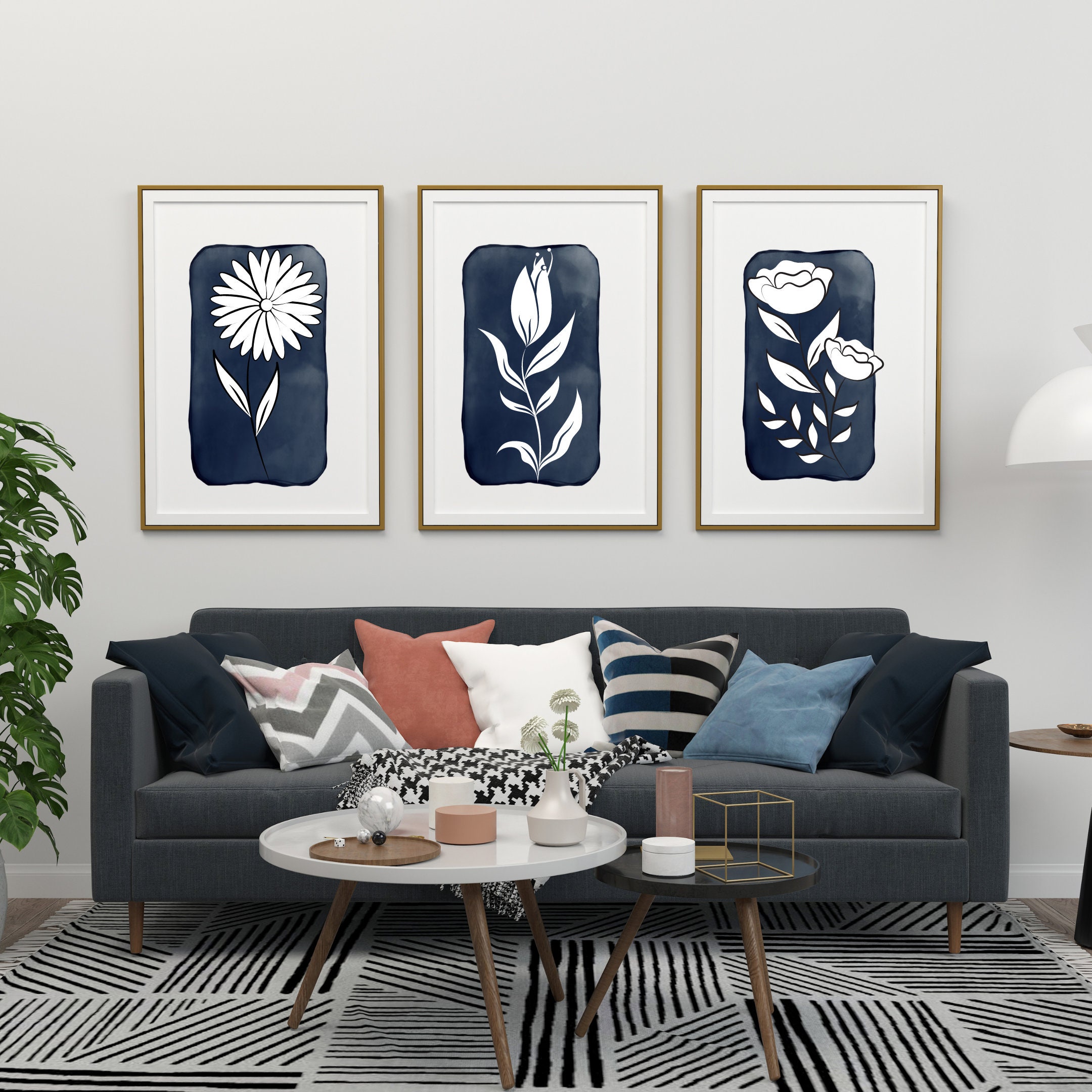 3 Piece Wall Art Navy Blue prints Set of 3 Flower Line Art Etsy