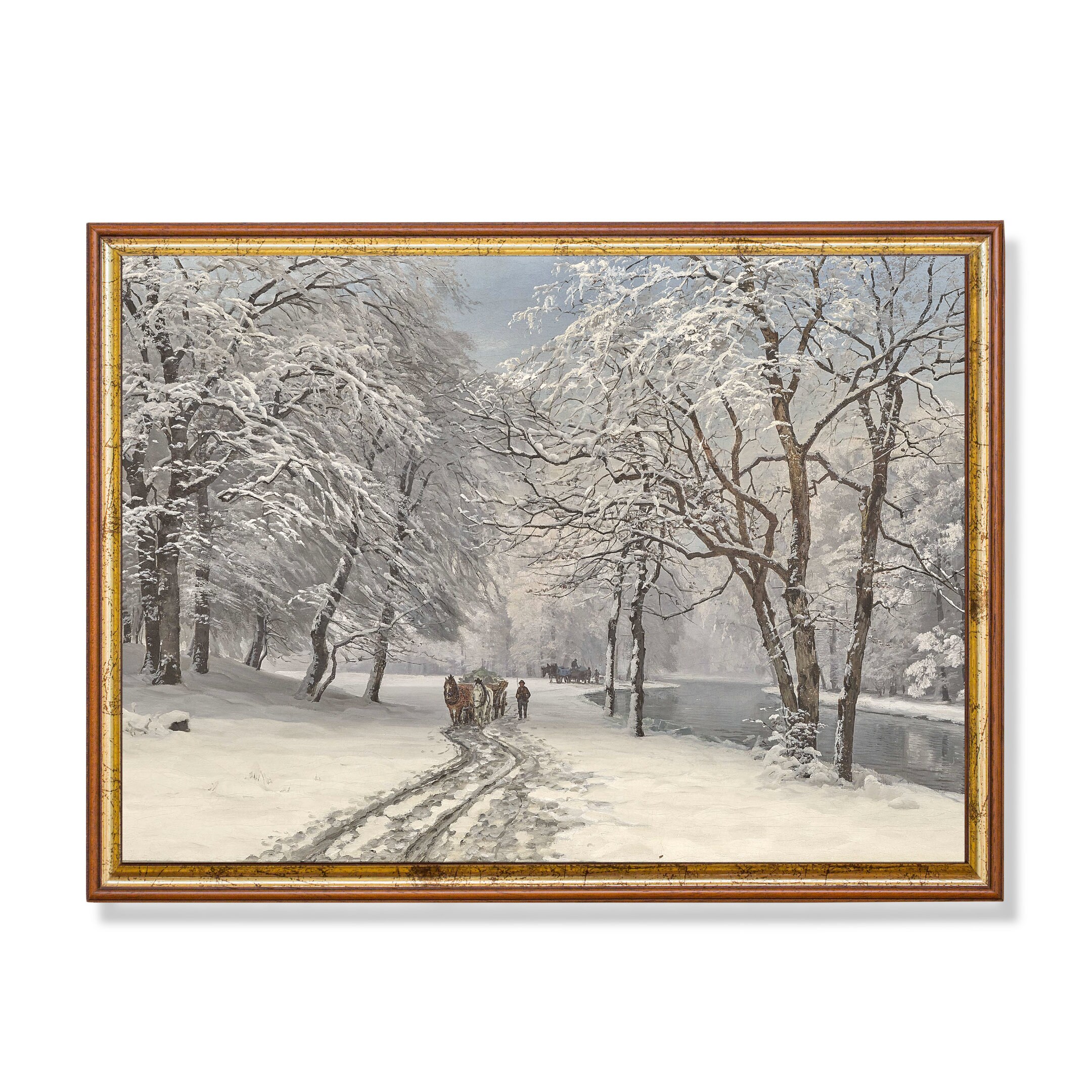 Tableau D'art Mural Vintage - Scène Hivernale Avec Cheval Et Traîneau - Impression Toile Sépia