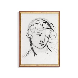 Vintage Woman Portrait Sketch Art Print: Antique Neutral Line Drawing
