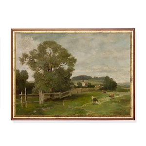 Dipinto di paesaggio con mucca d&#39;epoca: arredamento antico da fattoria (stampa spedita)