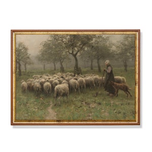 Printed and Shipped | Vintage Landscape Painting | Antique Country Landscape Print | Shepherdess with a Flock of Sheep | Physical Prints