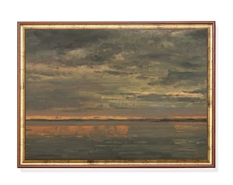 Vintage Seascape Sunset Art Print, Moody Ocean Painting, Antique Coastal Wall Art, Minimalist Landscape Decor, Neutral Horizon Artwork