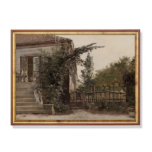 Vintage Garden Gate Art Print – Antique Country Cottage with Ivy and Trees, Rustic European Home Wall Decor, Digital Download