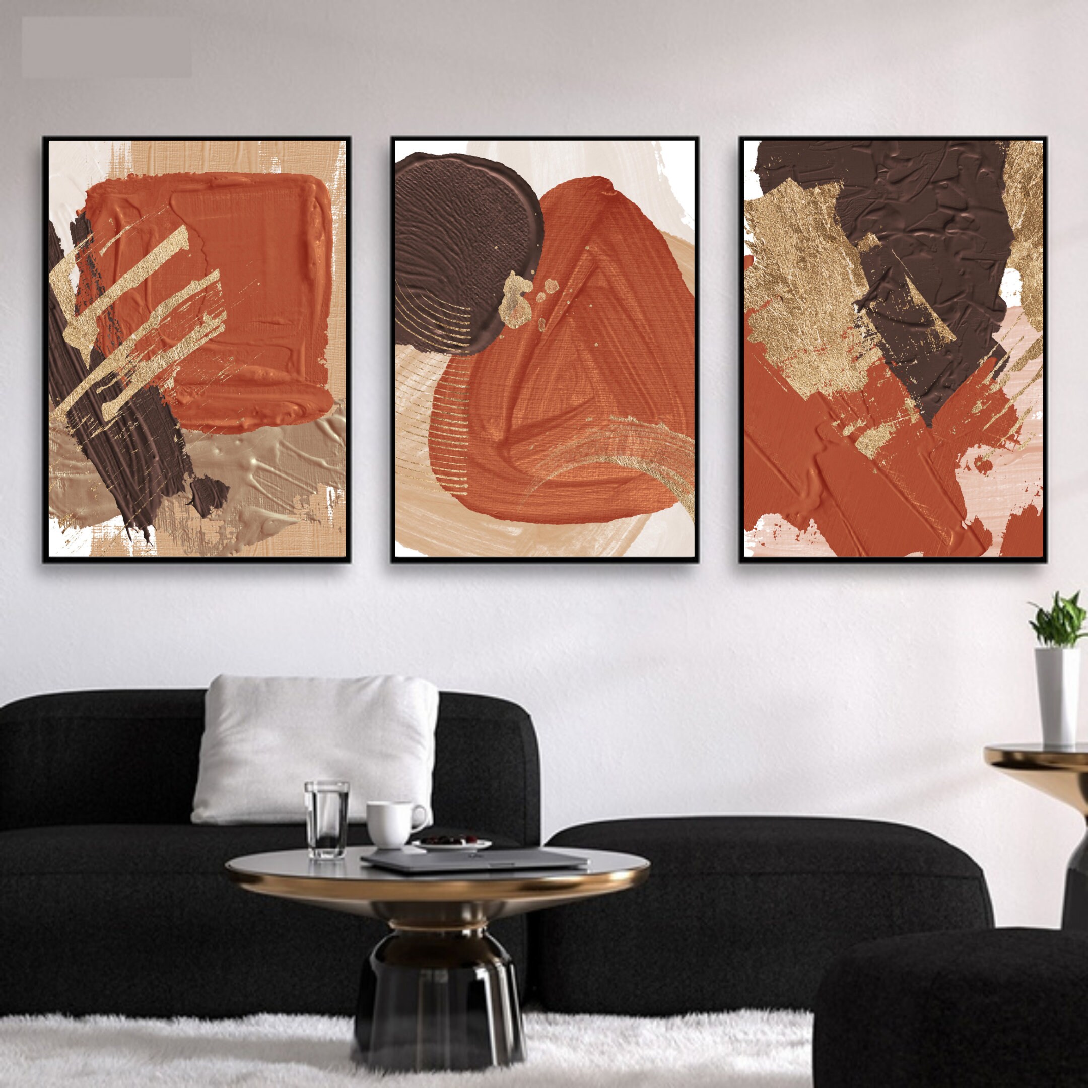Abstract Prints Set of 3 Terracotta Chocolate Beige Ivory Gold Art ...