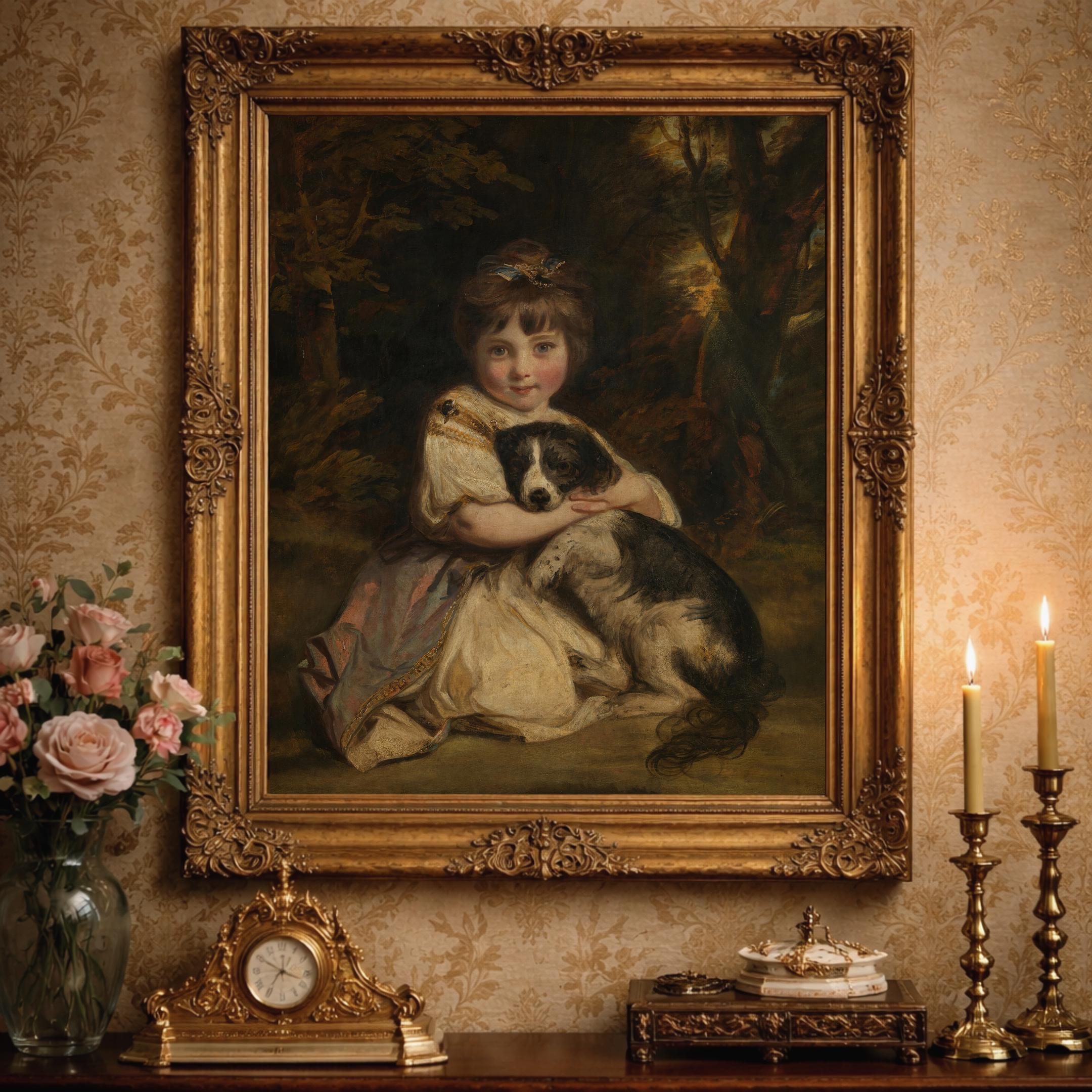 Vintage Girl With Dog Portrait: Antique Oil Painting Art Print - Etsy ...