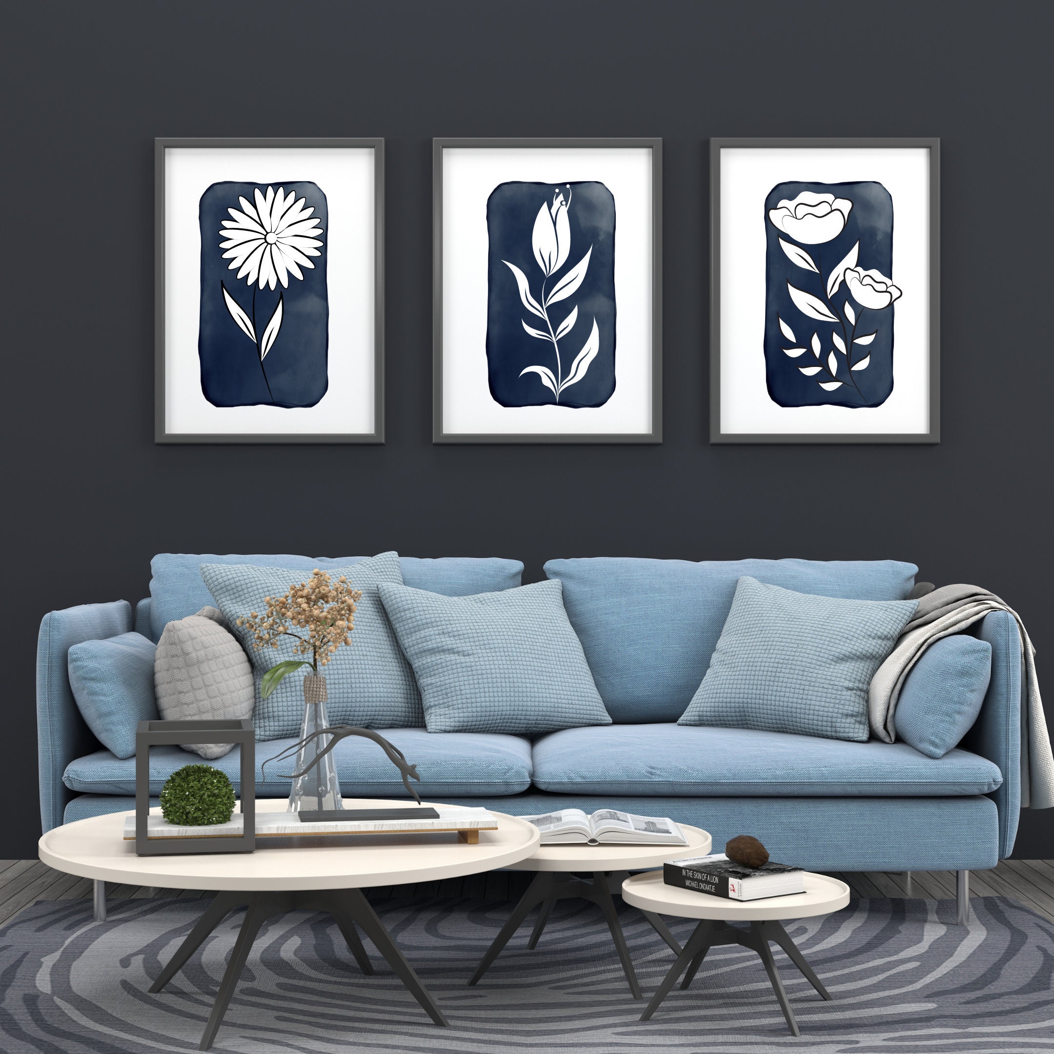 3 Piece Wall Art Navy Blue prints Set of 3 Flower Line Art Etsy